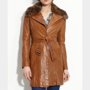 June Genuine Leather Fur Trim Collar Belted Trench Coat Jacket Cognac Brown